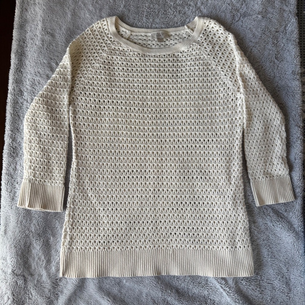 LOFT Women Cream Ivory Open Knit Crochet Sweater 3/4 Sleeve Crew Neck Large Flaw